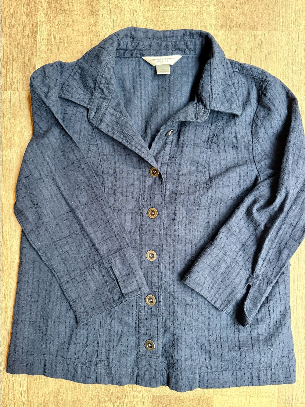 Christopher & Banks Petite Navy Blue Textured Seersucker Button Down Shirt